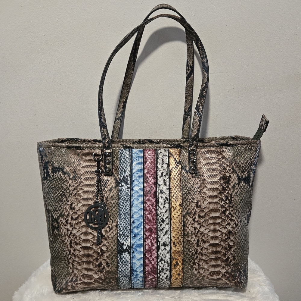 Badgley Mischka Snakeskin Embossed Tote with Multicolor Stripes